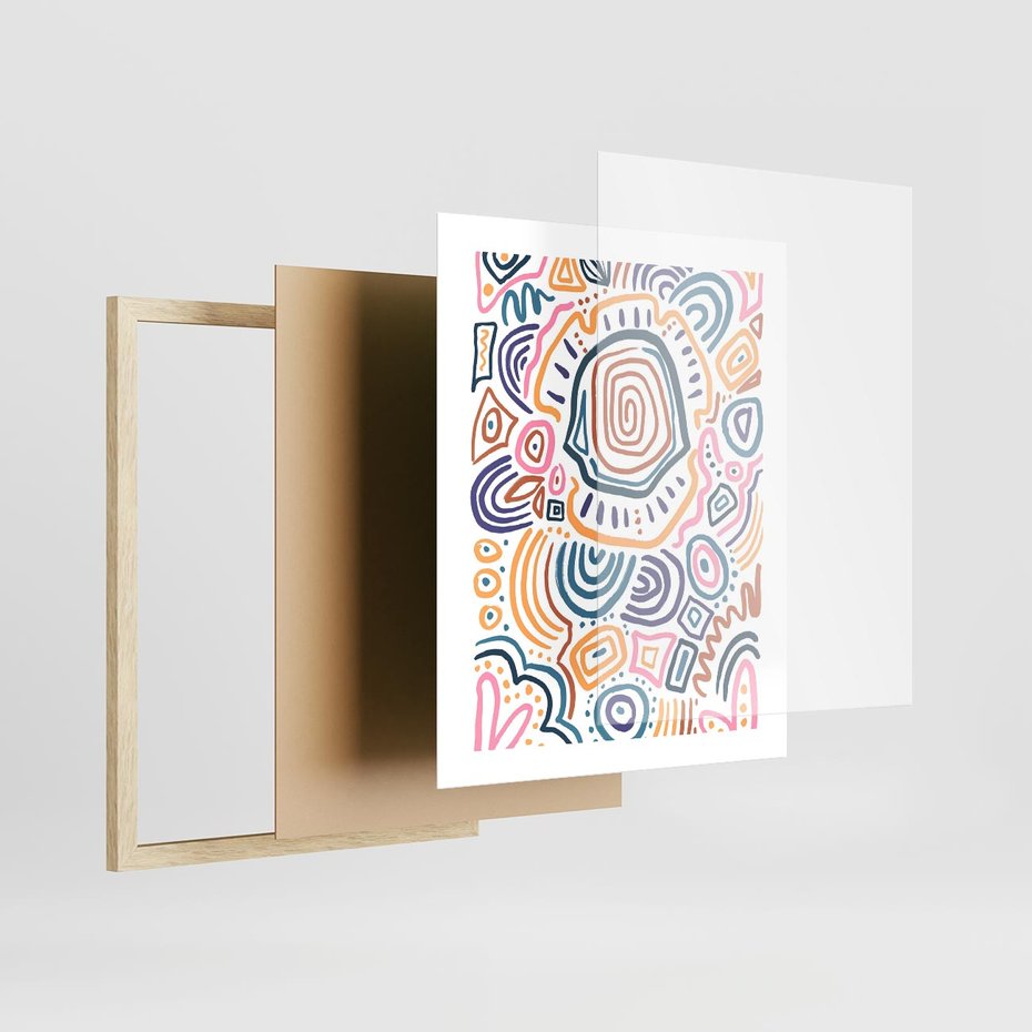 Plakat w ramie 40x50 - Strukturalne Odbicia Boho - kolorowe etniczne wzory, tęczowe żywe kolory - rama drewno