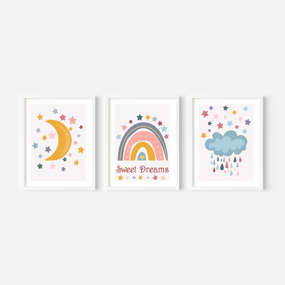 Zestaw obrazy w ramie 40x50 galeria - Plakaty, dla, dzieci, tęcza - rama biała