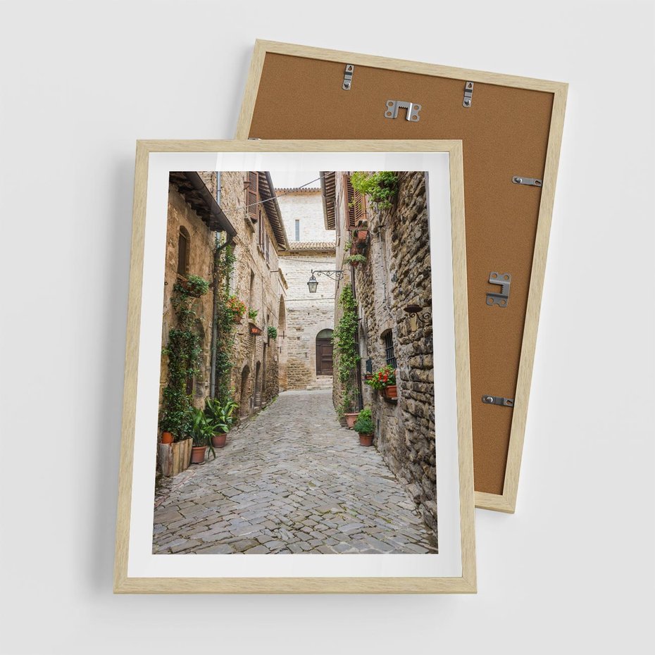 Plakat w ramie 50x70 - Urok Uliczki we Włoszech - uliczka, Włochy - rama drewno