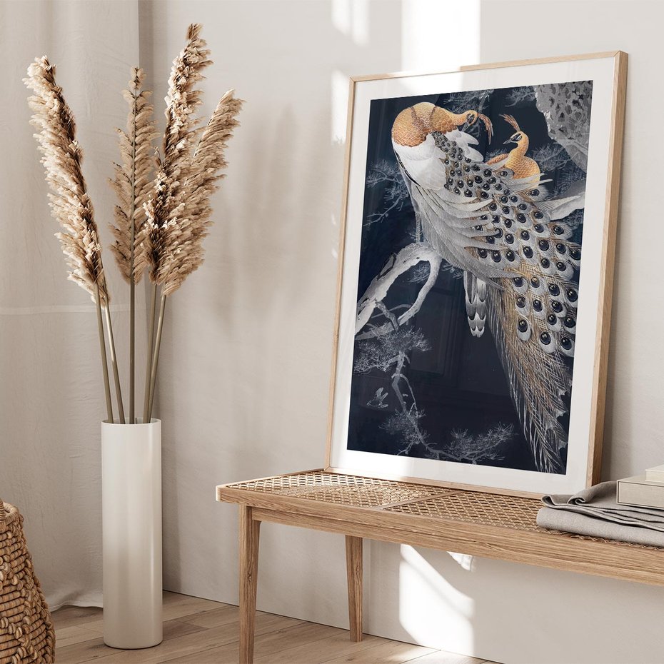 Plakat w ramie 50x70 - Japońskie Pawie - japońska grafika, pawie - rama drewno