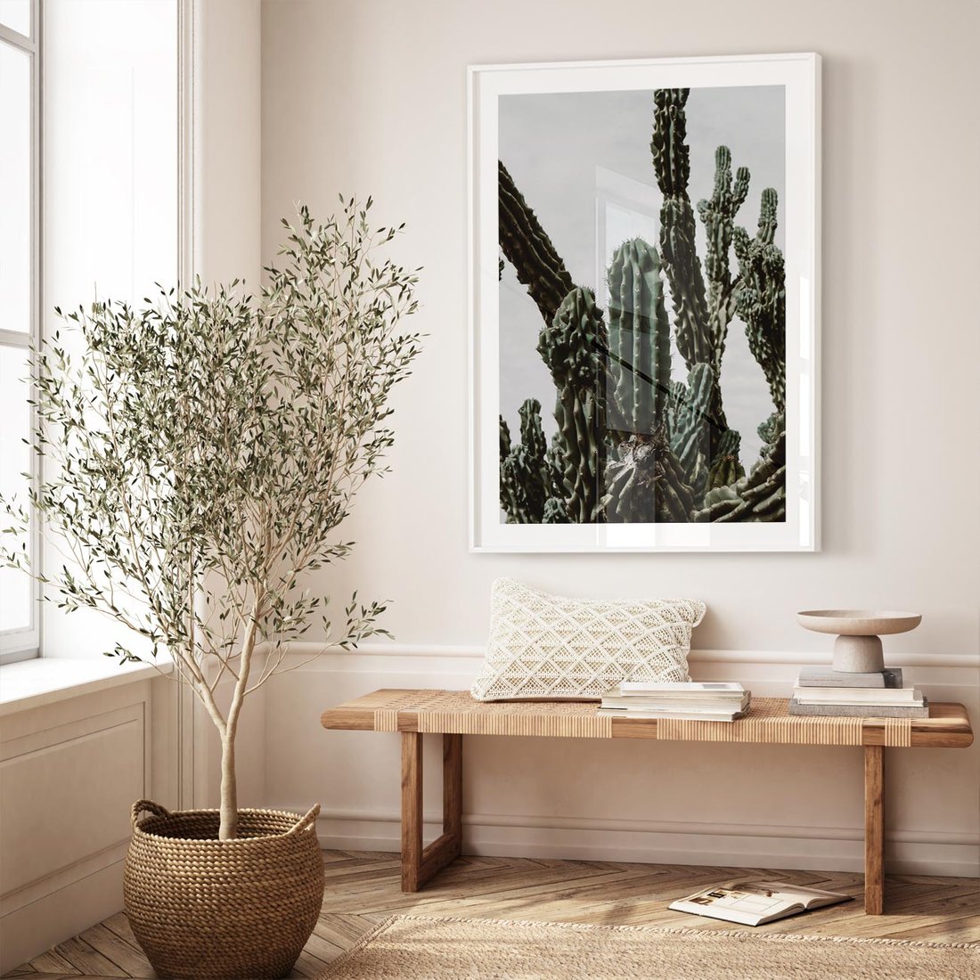 Plakat w ramie 50x70 - Boho oaza wśród kaktusów - kaktusy, pustynia - rama biała