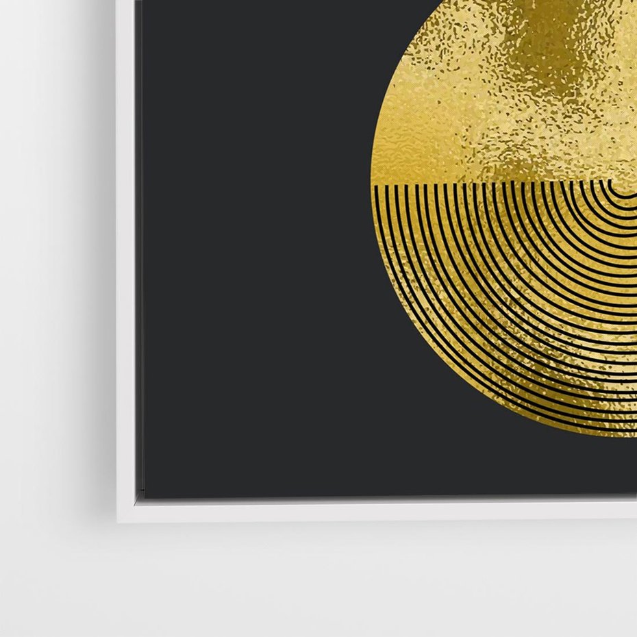 Obraz w ramie 50x50 - Migotliwe Przeniknięcia - złote koła, czarne tło - rama biała