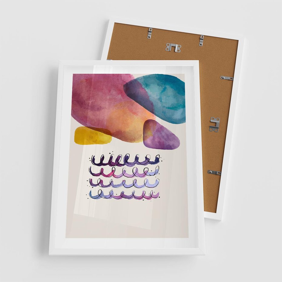 Plakat w ramie 50x70 - Impresje Akwarelowej Przestrzeni - kolorowe pastelowe plamy, rozmyte żywe kolory - rama biała