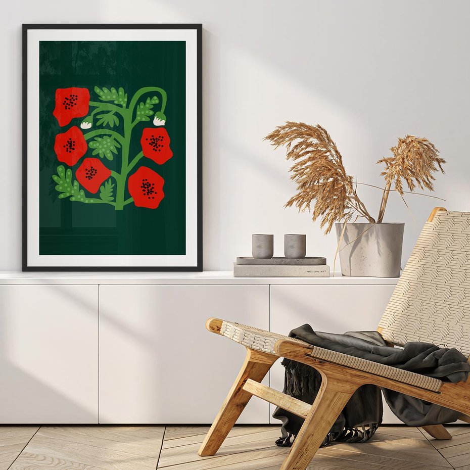 Plakat w ramie 30x40 - Księga Odbić - abstrakcyjna kwiatowa kompozycja, zielone  mocne tło - rama czarna