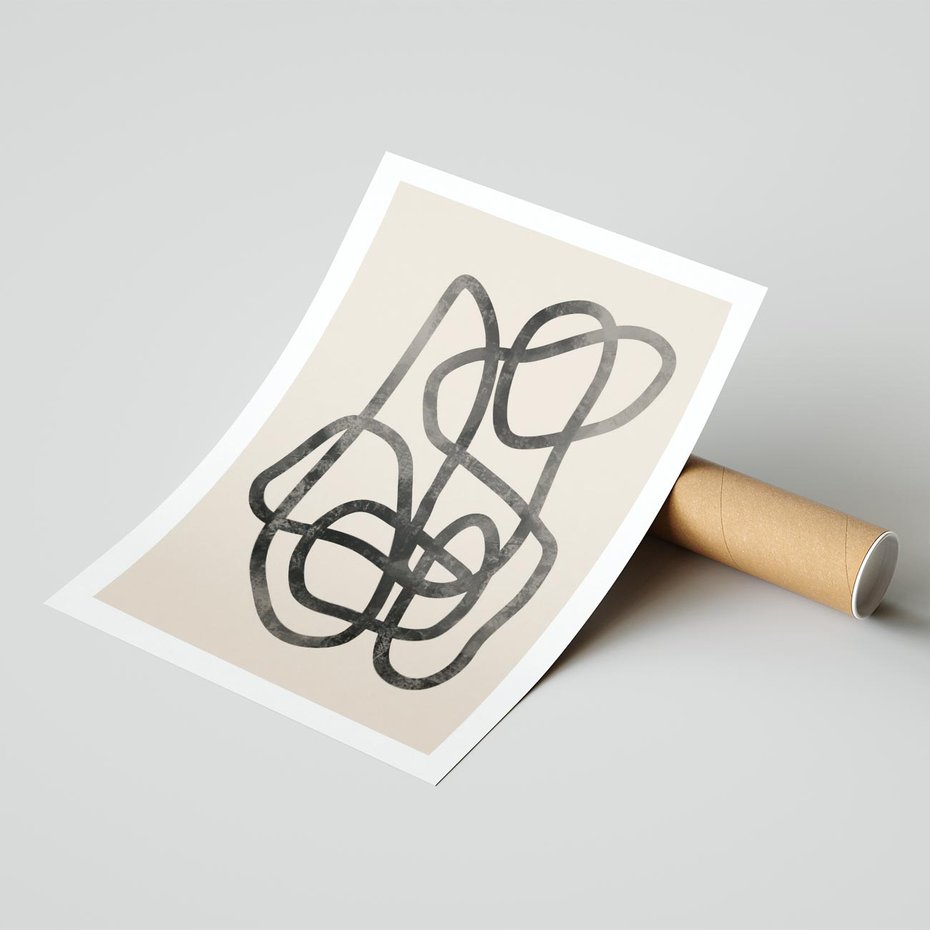 Plakat bez ramy 21x30 - Przenikanie Wirtualnych Wymiarów - zaplątane minimalistyczne linie, na bezowym tle