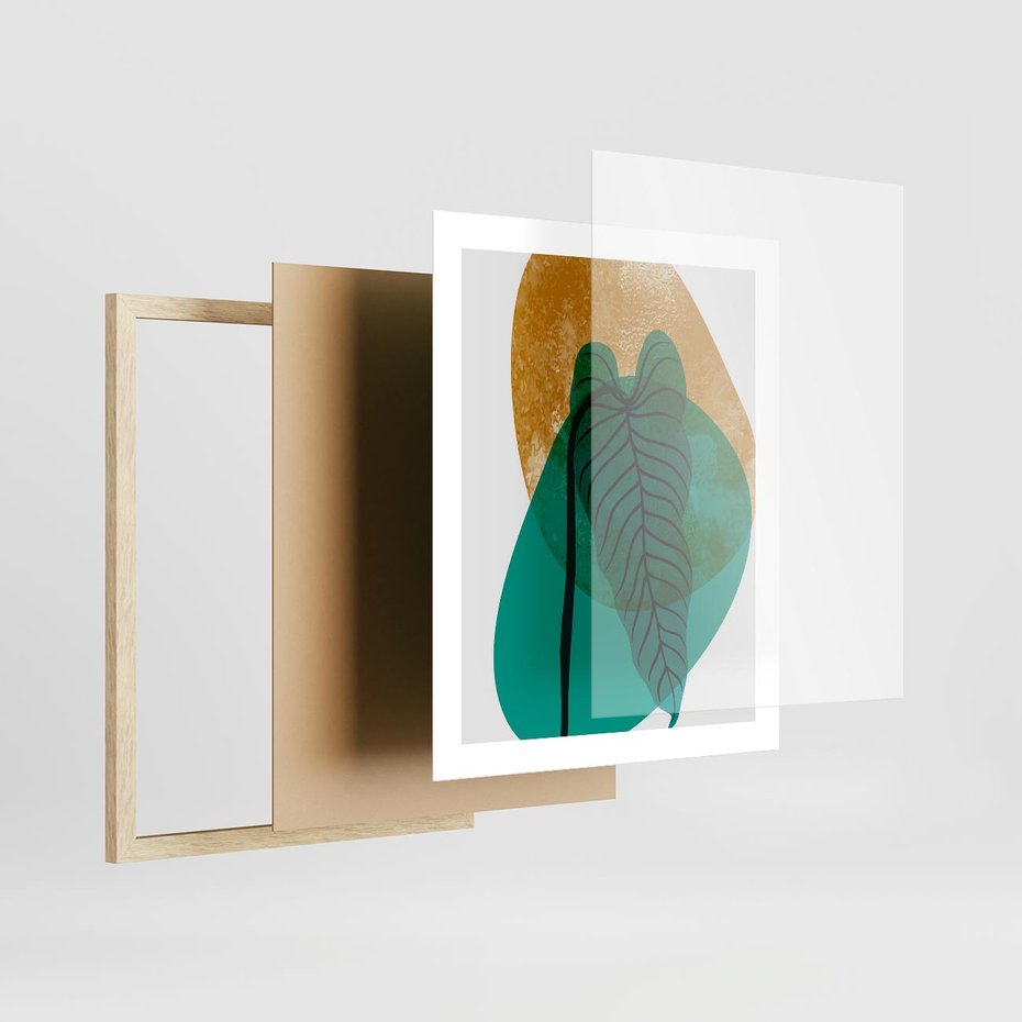 Plakat w ramie 40x50 - Zielony Liść ze Złotą Plamą - zielony liść, złota plama - rama drewno