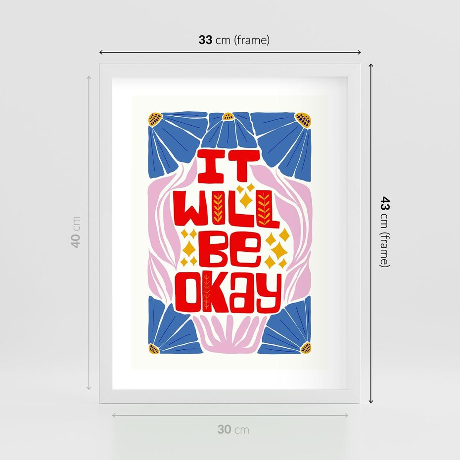 Plakat w ramie 30x40 - Kwiatowa Ekstaza - czerwona pozytywna typografia, kwiatowa kompozycja - rama biała