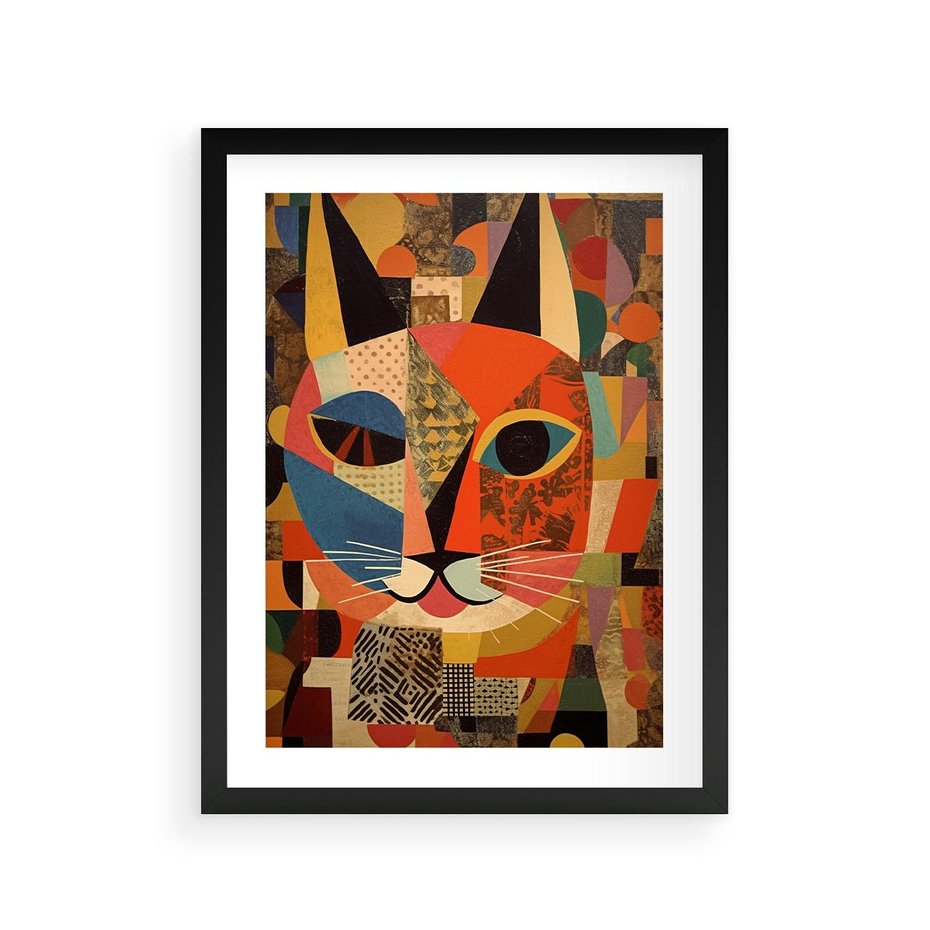 Plakat w ramie 30x40 - Impresje Nieznanych Odniesień - abstrakcyjny obraz olejny, kot - rama czarna