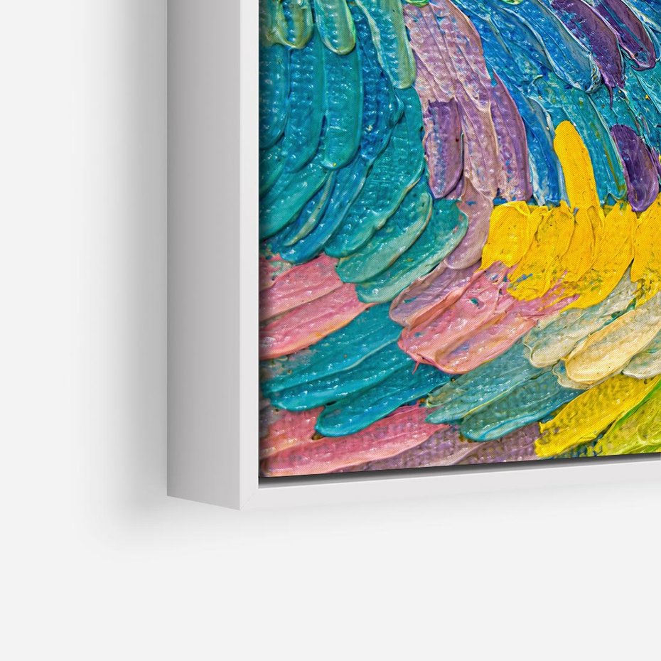 Obraz w ramie 80x80 - Egzotyczne Pióra - abstrakcyjne dzieło, farby olejne - rama biała