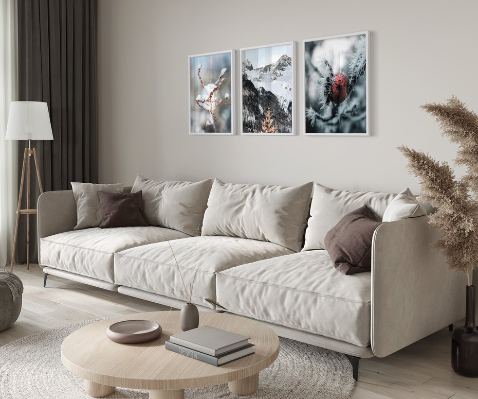 Zestaw obrazy w ramie 50x70 galeria - Zima, w, górach, gałązki - rama biała