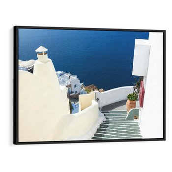 Obraz w ramie 70x50 - Malowniczy urok wyspy - Santorini, schodki - rama czarna