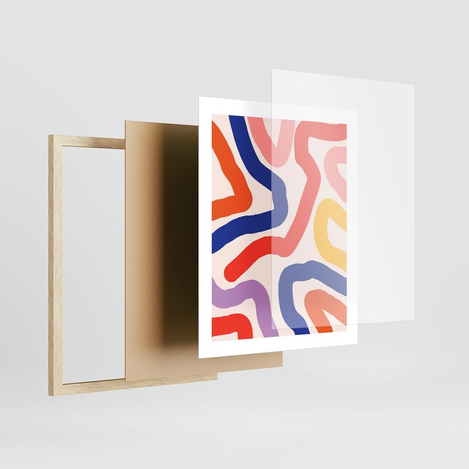 Plakat w ramie 40x50 - Intrygujące Widzenia - abstrakcyjny kolorowy obraz, kolorowe linie - rama drewno
