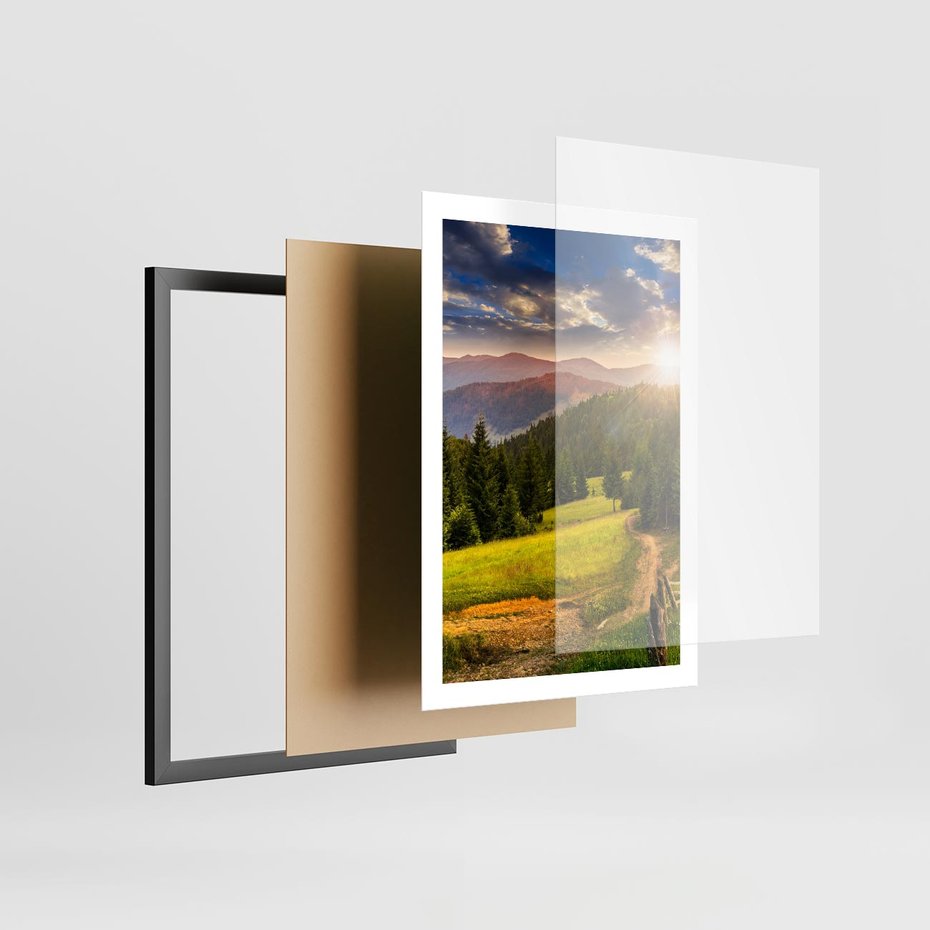 Plakat w ramie 50x70 - Zachód słońca na łące - zachód, łąka - rama czarna