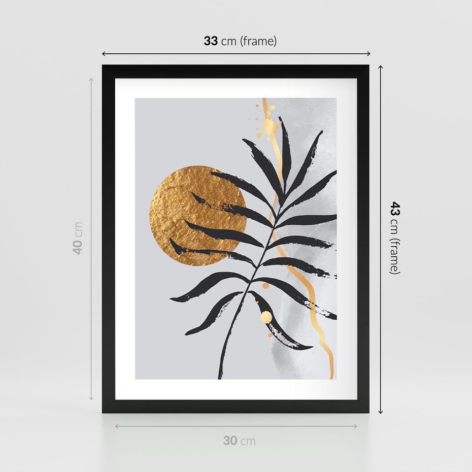 Plakat w ramie 30x40 - Grafika z Czarnym Liściem Palmy - czarny liść palmy, złóte kołó - rama czarna