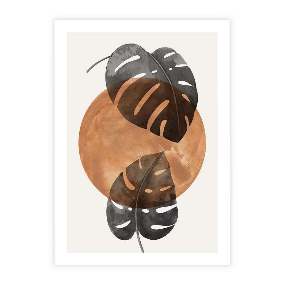 Plakat bez ramy 21x30 - Elegancja w Detalach: Miedziane Koło z Monsterą - grafika, miedziane koło