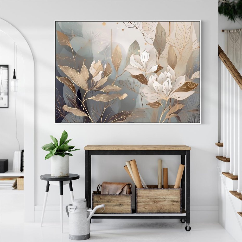 Obraz w ramie 120x80 - Ekspresjonistyczny deszcz uczuć - grafika, złote kwiaty - rama biała