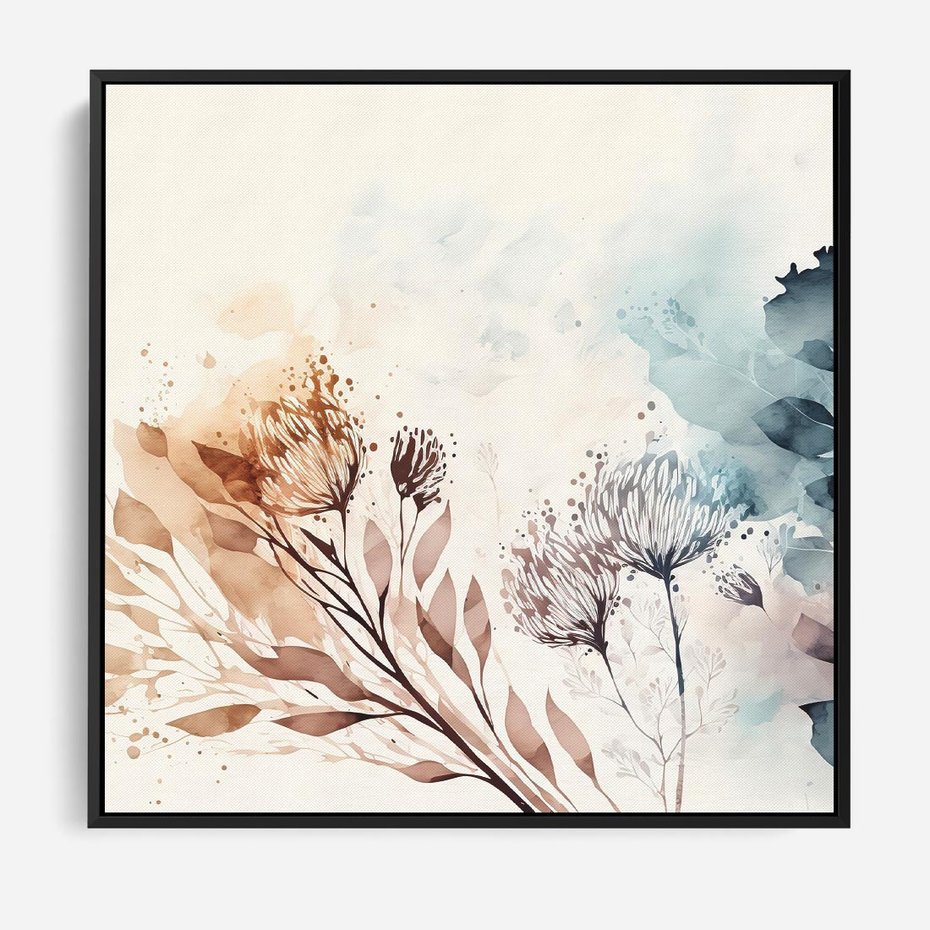 Obraz w ramie 50x50 - Nostalgiczne tańce pędzla - akwarelowe kwiaty, gałęzie - rama czarna