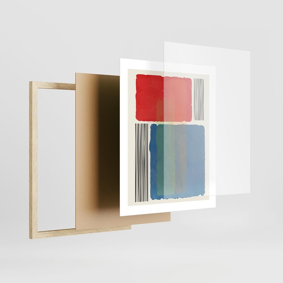 Plakat w ramie 40x50 - Kolorowe Spektrum - kolorowa geometria, prostokąty w intensywnych kształtach i czarne kreski - rama drewno