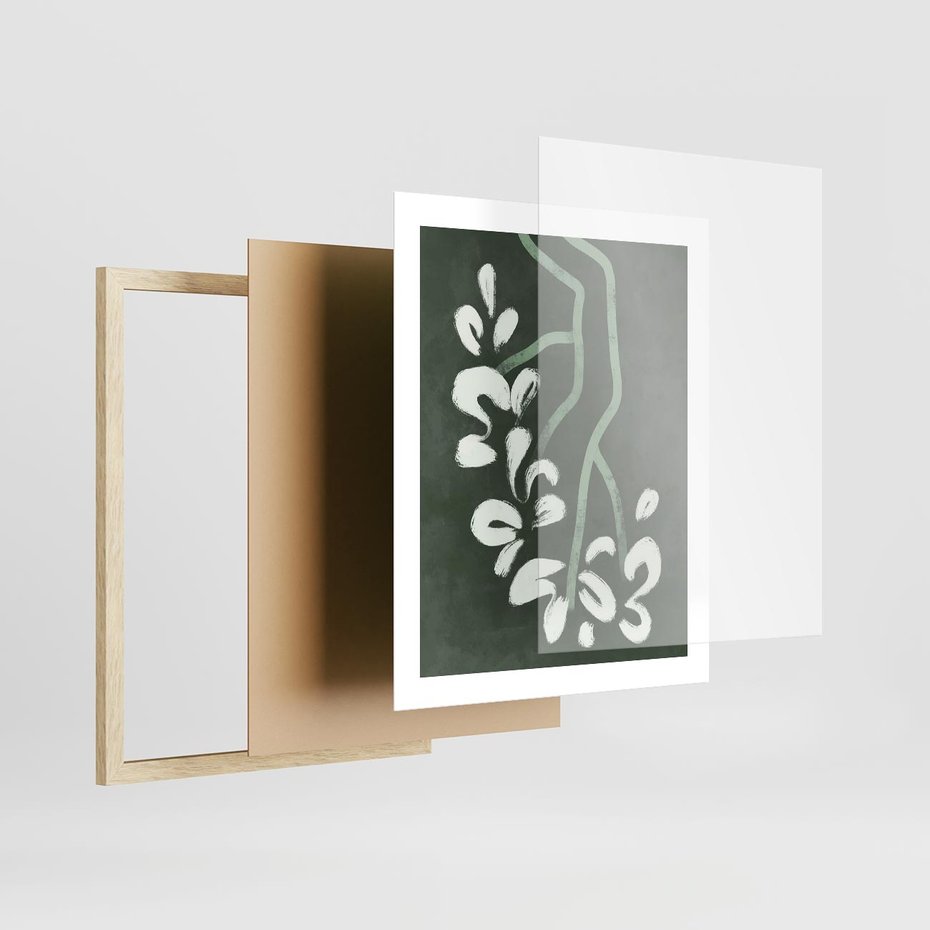 Plakat w ramie 40x50 - Rozkwitające Zielone Gałęzie - abstrakcyjne delikatne zielone linie, podobne do gałęzi kwiatów - rama drewno