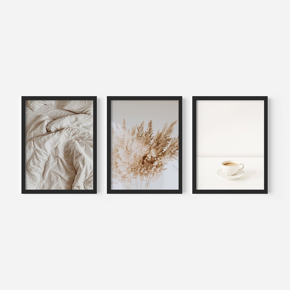 Zestaw obrazy w ramie 40x50 galeria - Kawa, pościel, boho, prostota - rama czarna