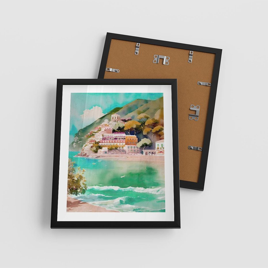 Plakat w ramie 40x50 - Na Zboczu - akwarela, nadmorski pejzaż - rama czarna