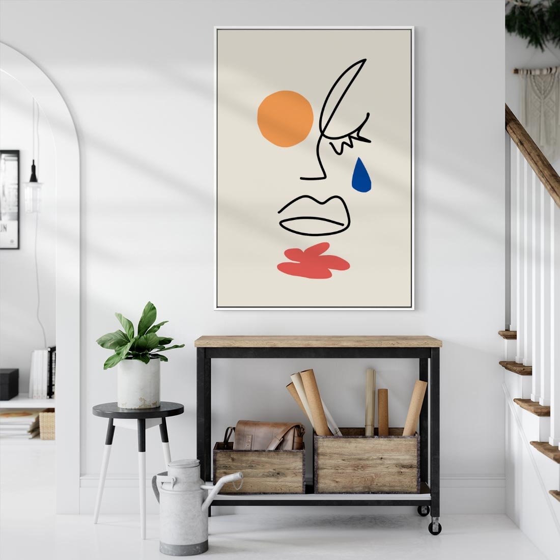 Obraz w ramie 70x100 - Impresje Plam - abstrakcyjny obraz, przypomina twarz - rama biała