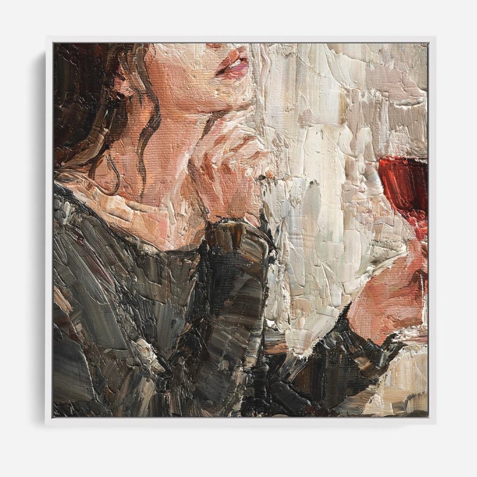 Obraz w ramie 50x50 - Esencja - kobieta wino obraz impresonizm olej na płótnie - rama biała