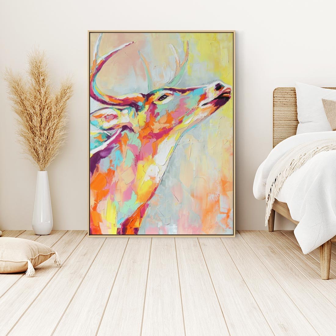 Obraz w ramie 50x70 - Impresje snów malarza - kolorowy olejny obraz, jeleń ryczący na rykowisku - rama drewno