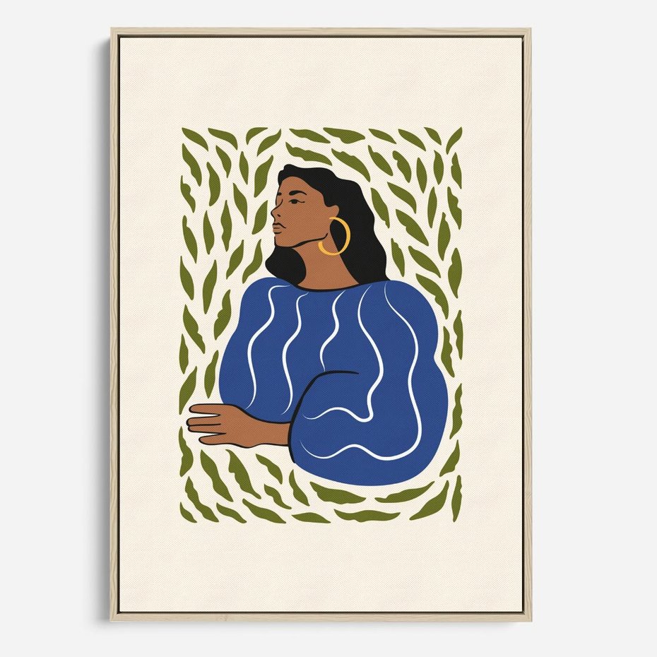 Obraz w ramie 50x70 - Rozbite Barwy - nowoczesny plakat, kobieta otoczona liśćmi - rama drewno