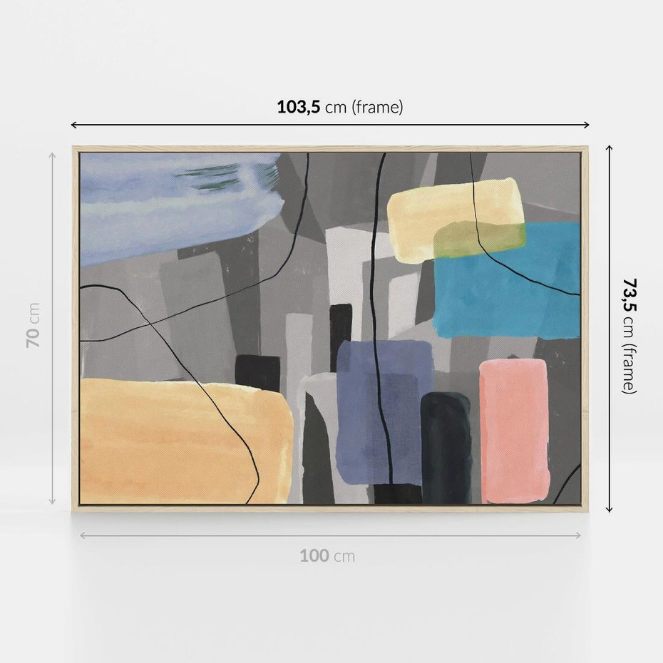 Obraz w ramie 100x70 - Harmonia w chaosie serca - abstrakcja na szarym tle, kolorowe plamy koloru - rama drewno