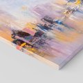 Obraz na płótnie 60x60 - Miasto Refleksji - olejna panorama miasta w oddali, wiezowce odbijają się w rzece