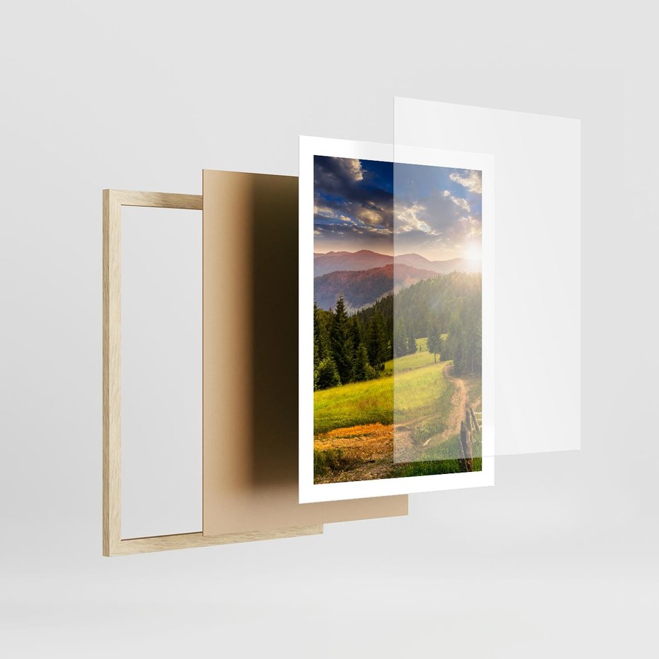 Plakat w ramie 50x70 - Zachód słońca na łące - zachód, łąka - rama drewno