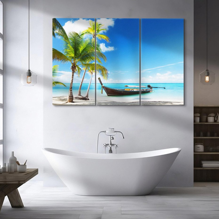 Obraz na płótnie 120x80 - Sielska plaża z łodzią na morzu - plaża, morze