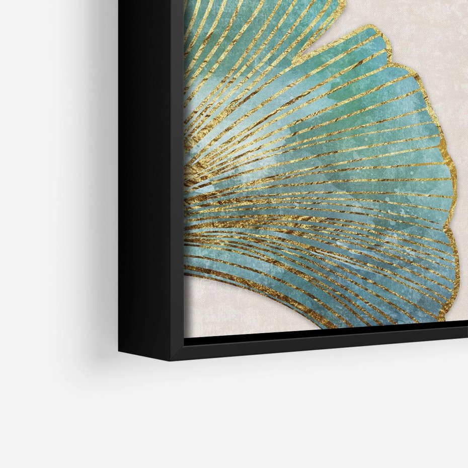 Obraz w ramie 50x50 - Złota Melodia Liści - złote, turkusowe liście miłorzębu - rama czarna