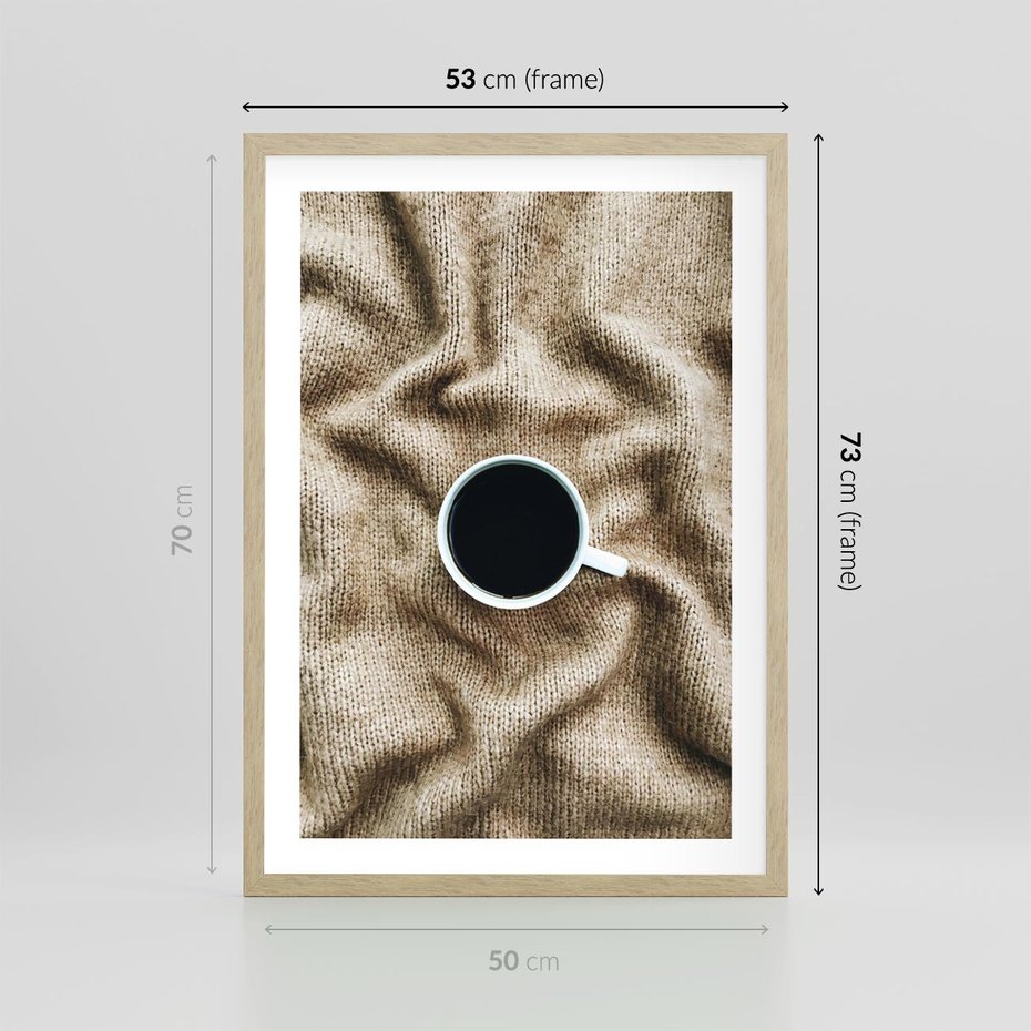 Plakat w ramie 50x70 - Filiżanka Kawy na Brązowym Kocu - kawa, czarna kawa - rama drewno