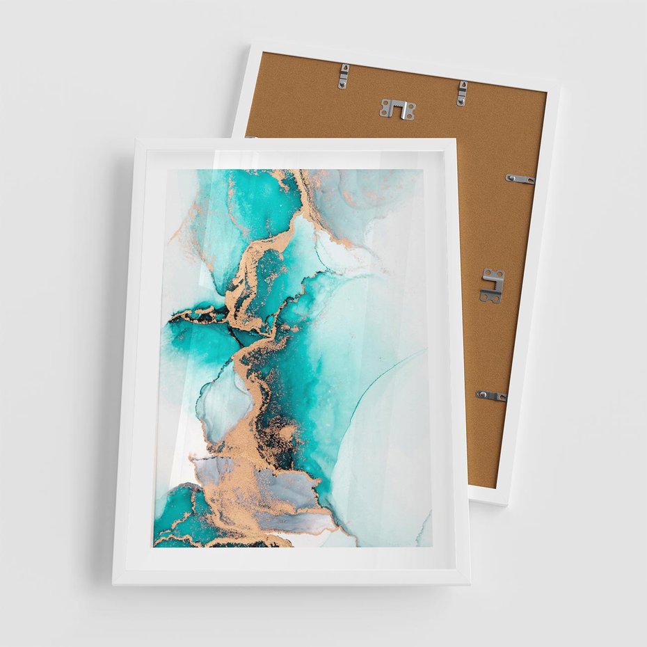 Plakat w ramie 50x70 - Elegancja i Subtelność - marmur, złoto - rama biała