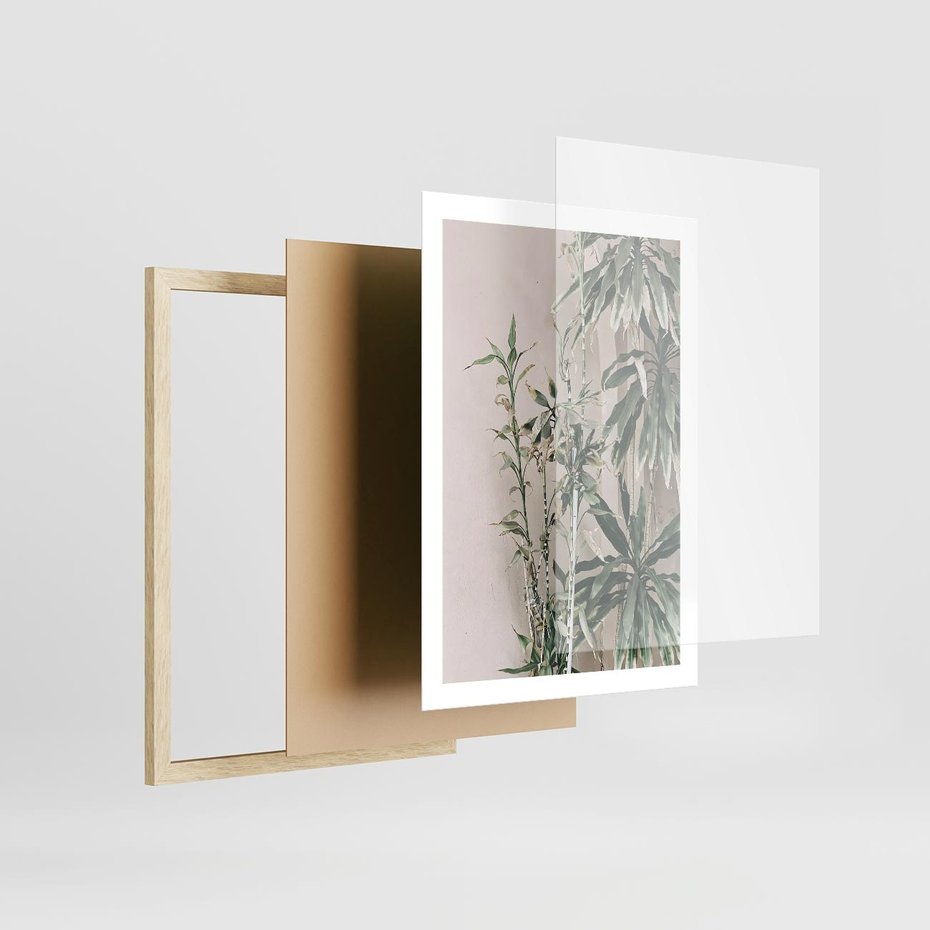 Plakat w ramie 50x70 - Egzotyczna Kompozycja - liście, rośliny tropikalne na tle ściany - rama drewno