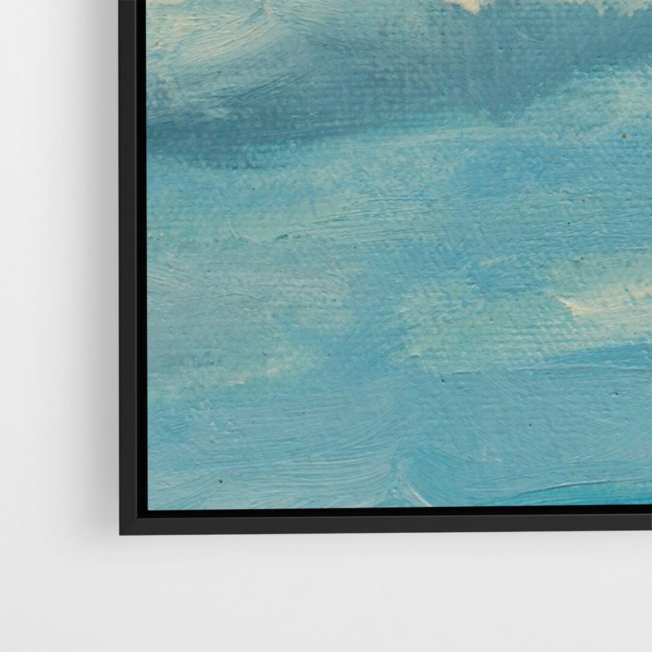 Obraz w ramie 50x70 - Oddechy niebiańskiej materii - olejny obraz, smugi farby przypominają obłoki na błękitnym niebie - rama czarna