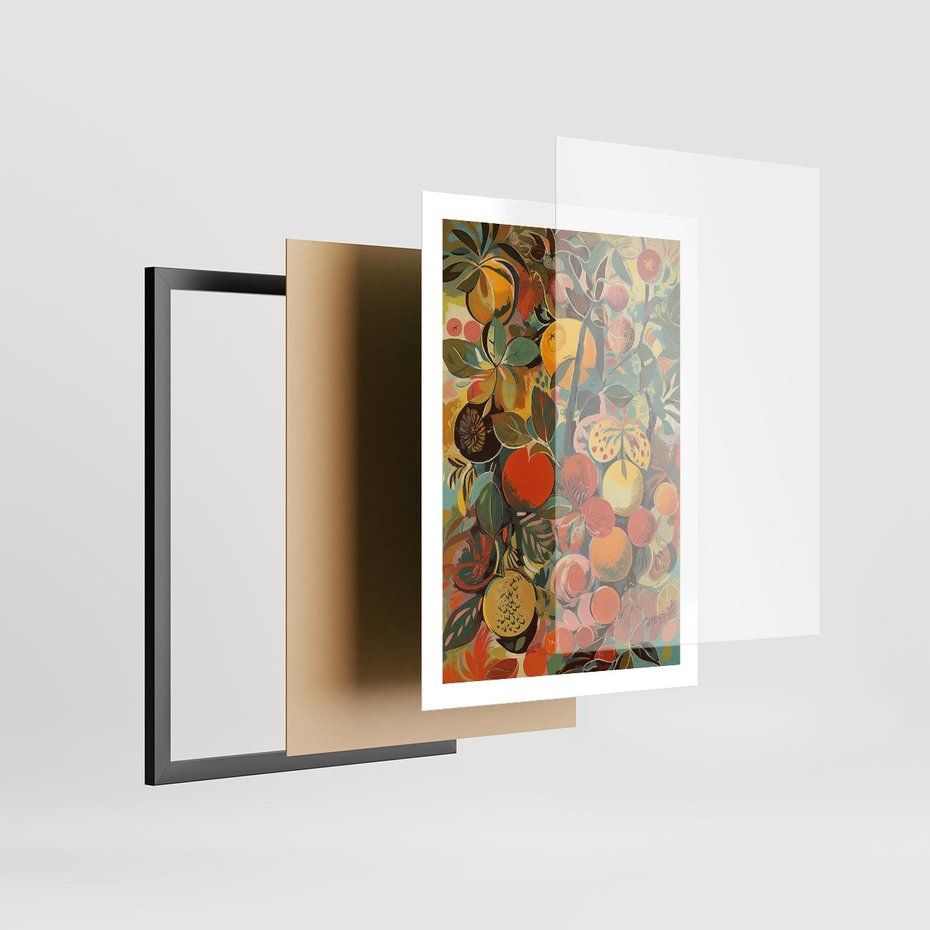 Plakat w ramie 50x70 - Księga Surrealnych Wyobrażeń - abstrakcyjny obraz owoców, jak picasso - rama czarna