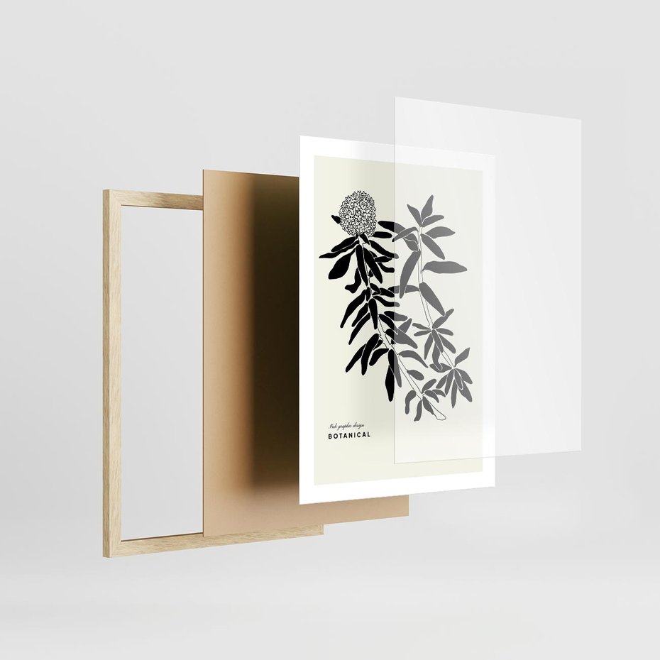 Plakat w ramie 50x70 - Szept kwiatowej wyobraźni - czarno biała grafika, roślinność - rama drewno