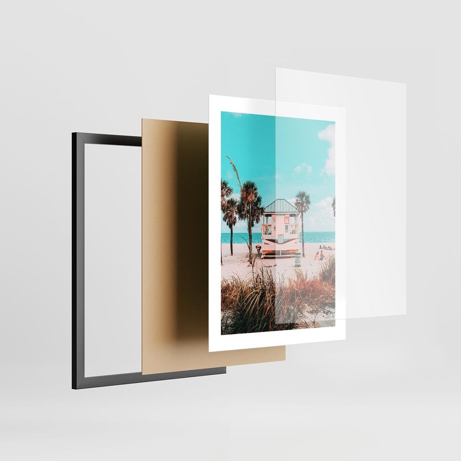 Plakat w ramie 30x40 - Plaża, Palmy i Spokój Miami - budka ratownika, plaża Miami - rama czarna