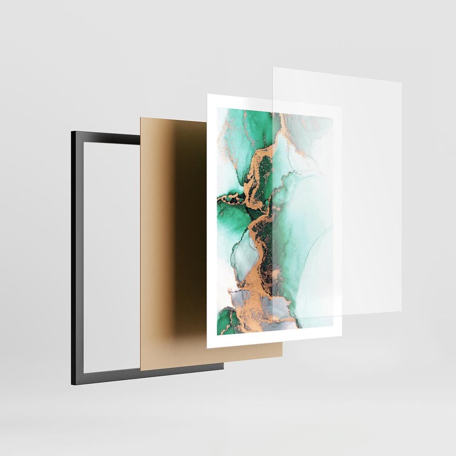 Plakat w ramie 50x70 - Marmur, Zieleń i Złoto - marmur, zieleń i złoto - rama czarna