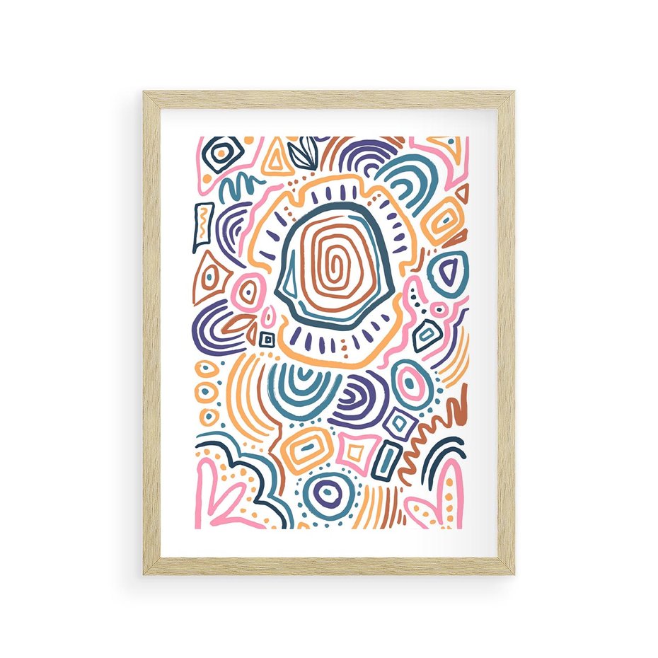 Plakat w ramie 30x40 - Strukturalne Odbicia Boho - kolorowe etniczne wzory, tęczowe żywe kolory - rama drewno