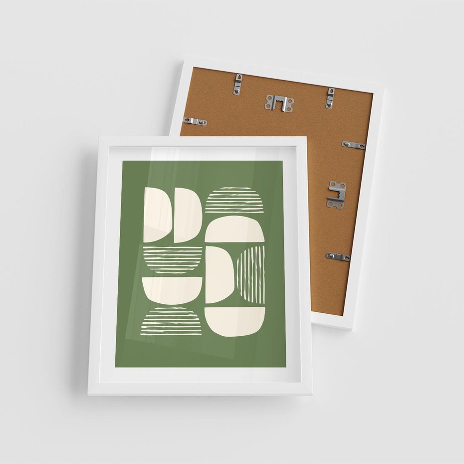 Plakat w ramie 40x50 - Migotliwe Formy - geometryczne boho kształty na brązowym, oliwkowym tle - rama biała