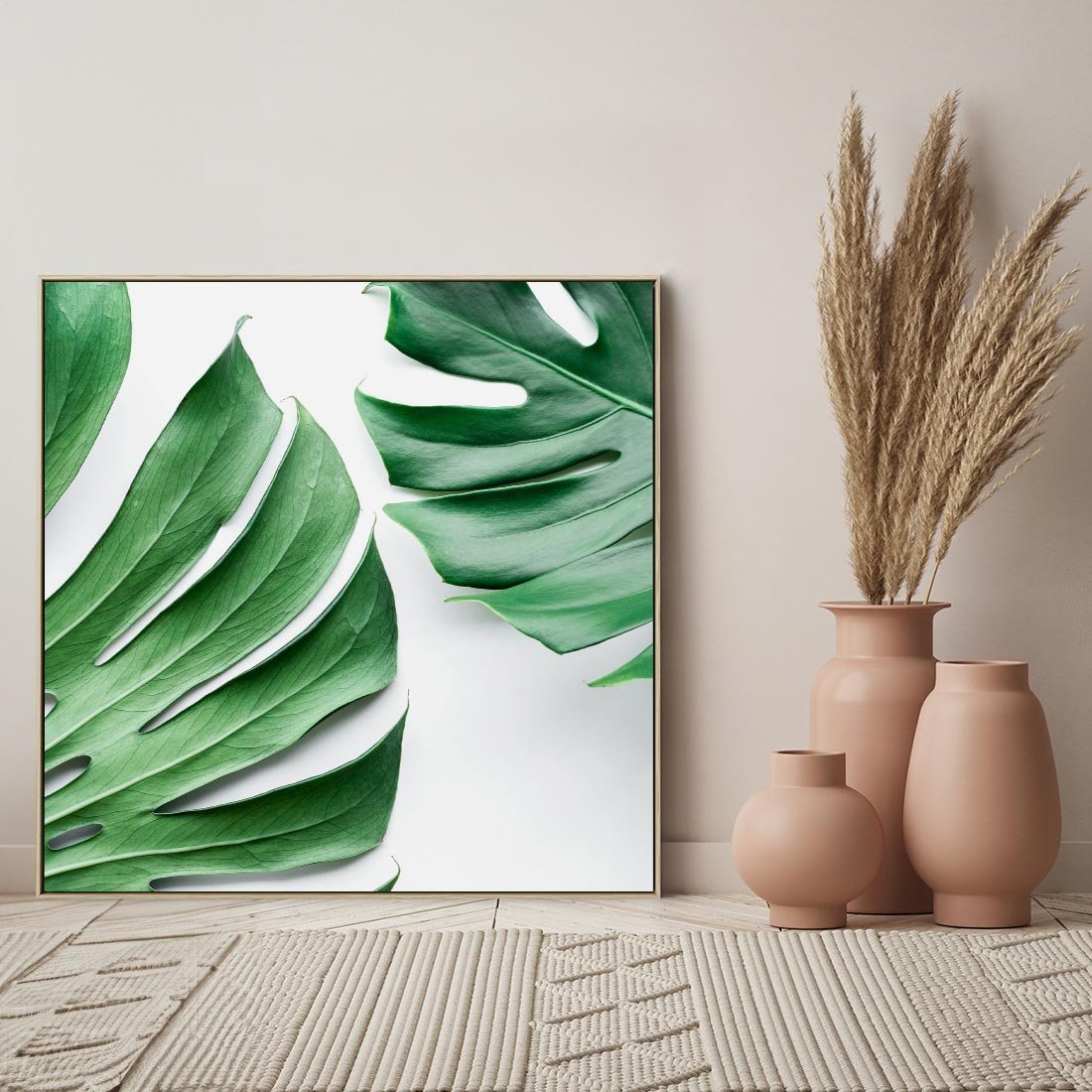 Obraz w ramie 80x80 - Monstera - Liście Kwiaty - monstera, liście - rama drewno