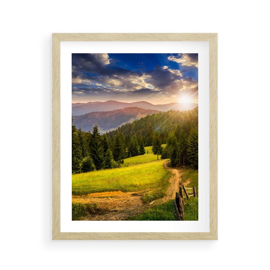 Plakat w ramie 40x50 - Zachód słońca na łące - zachód, łąka - rama drewno