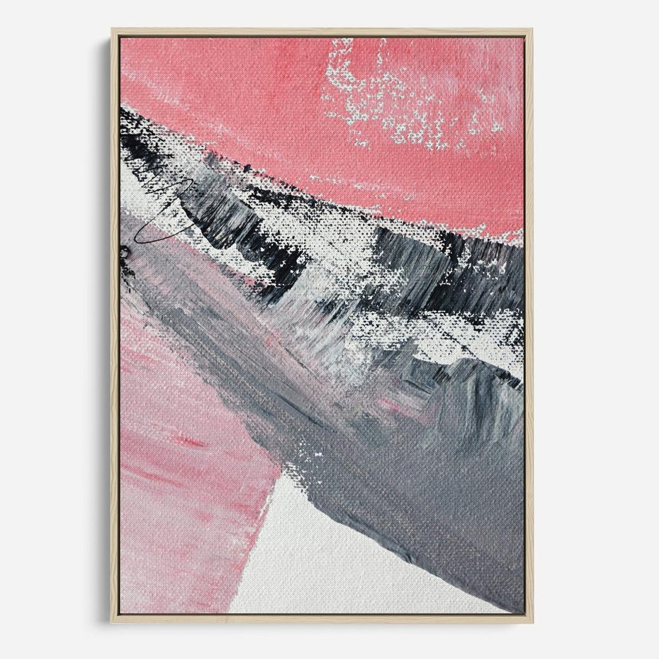 Obraz w ramie 80x120 - Kontrastujący Ruch Emocji - abstrakcyjne pasy farby, kolory róż szary czarny - rama drewno