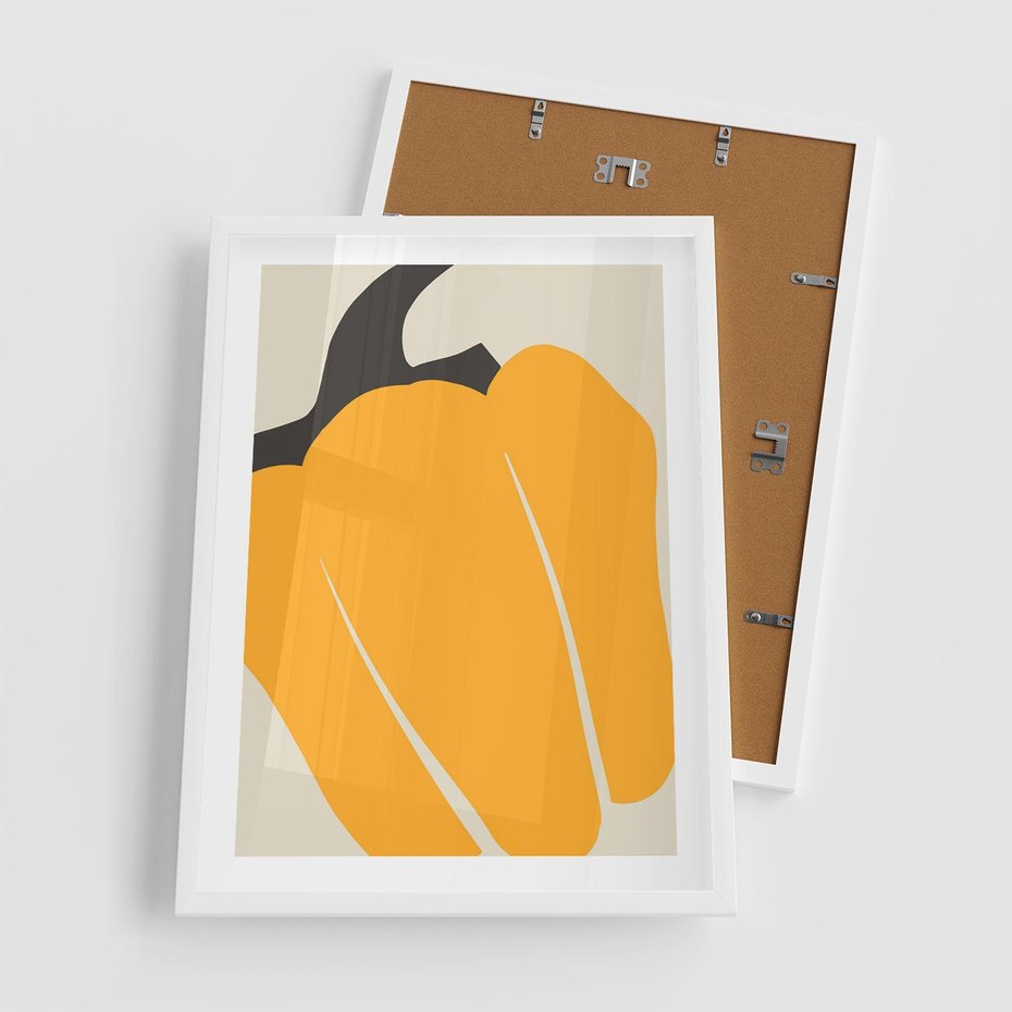 Plakat w ramie 50x70 - Migocące Formy - abstrakcyjny minimalistyczny obraz, żółta papryczka - rama biała