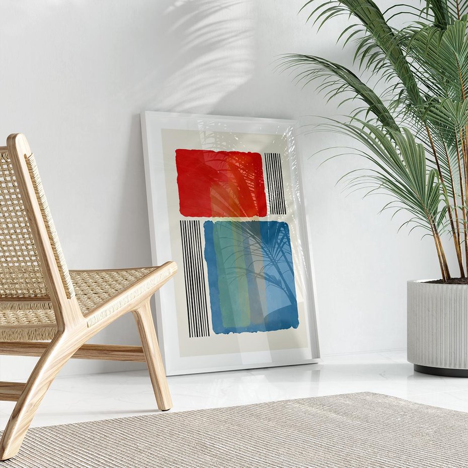 Plakat w ramie 40x50 - Kolorowe Spektrum - kolorowa geometria, prostokąty w intensywnych kształtach i czarne kreski - rama biała