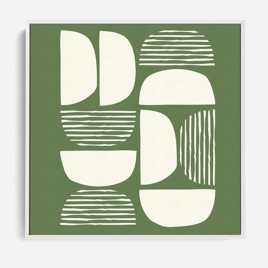 Obraz w ramie 50x50 - Migotliwe Formy - geometryczne boho kształty na brązowym, oliwkowym tle - rama biała